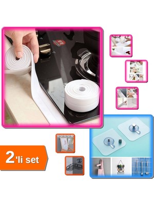 Hereveoyuncak Su Sızdırmaz Bant Lavabo Kenar Bandı 3.2m + 3 Adet Yapışkanlı Raf Tutucu Pin Askı - 2li Set V3E1Z1