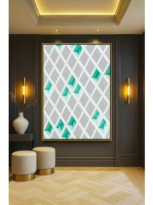 Wallivo Turkuaz Üzerine Beyaz Çapraz Kafesli Minimalist Cephe Gümüş Metal Çerçeveli Kanvas Tablo