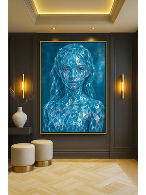 Wallivo Mavi Parçalar Geometrik Yansıtıcı Ruhani Işıltılı Kristal Kadın Gümüş Metal Çerçeveli Kanvas Tablo