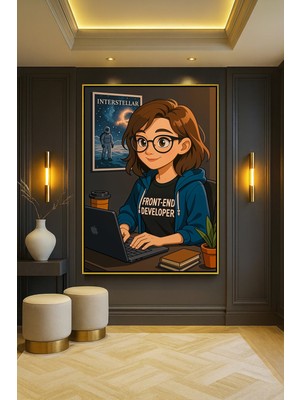 Wallivo Front End Developer - Yazılımcı Temalı Modern Ofis Bronz Metal Çerçeveli Kanvas Tablo
