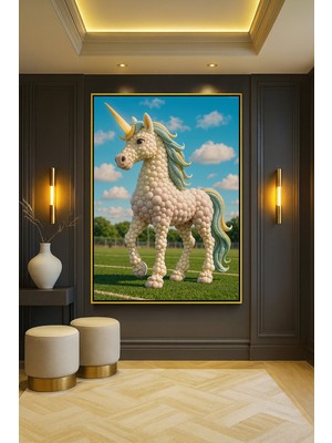 Wallivo Beyaz Boncuk Motifli Unicorn Gümüş Metal Çerçeveli Kanvas Tablo