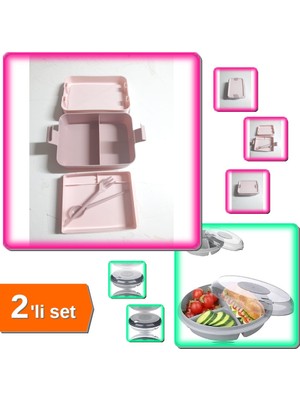 Hereveoyuncak Kulplu 2 Bölmeli Mandallı Beslenme Diyet Kabı + 3 Bölmeli Kapaklı Pratik Kahvaltılık - 2li Set F7C2X