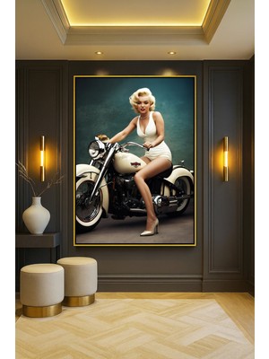 Wallivo Pop Art Marilyn Monroe - Motosiklet Temalı Renkli Siyah Metal Çerçeveli Kanvas Tablo