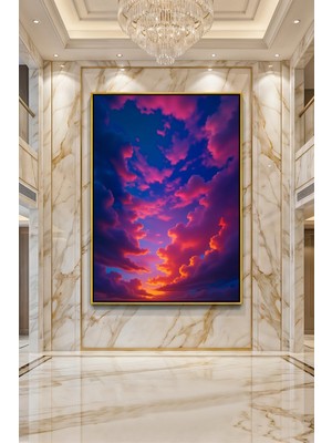 Wallivo Pembe ve Mavi Bulutların Dansı Gün Batımı Gökyüzü Manzarası Siyah Metal Çerçeveli Kanvas Tablo