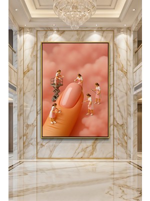 Wallivo Dev Bir Tırnağa Bakım Yapan Minyatür Manikürcüler Pembe Rüyalar Bronz Metal Çerçeveli Kanvas Tablo