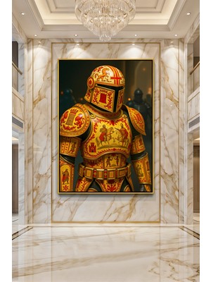 Wallivo Orta Çağ Tema Kırmızı Altın Hanedan Armalı Mandalorian Şövalyesi Siyah Metal Çerçeveli Kanvas Tablo