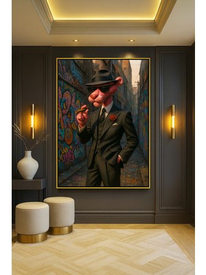 Wallivo Takım Elbiseli Pembe Panter Gold Metal Çerçeveli Kanvas Tablo