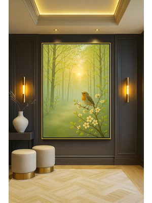 Wallivo Ormanda Çiçeklerle Sinekkuşu Bronz Metal Çerçeveli Kanvas Tablo