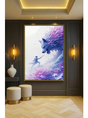 Wallivo Kılıç Ustasına Karşı Kurt Evcil Hayvan Temalı Gold Metal Çerçeveli Kanvas Tablo