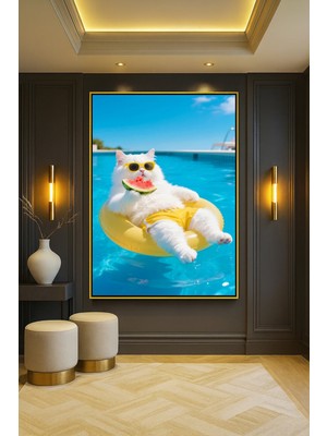Wallivo Karpuz Yerken Yüzen Kedi Evcil Hayvan Temalı Bronz Metal Çerçeveli Kanvas Tablo
