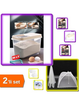 Hereveoyuncak Sürgülü Kapaklı 10 Lt Erzak Bakliyat Un Şeker Saklama Kabı + Yiyecek Koruma Şemsiyesi - 2li Set L8F9