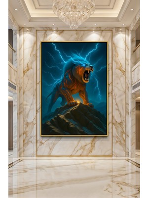Wallivo Fırtınanın Efendisi Kükreyen Şimşek ve Magma Aslanı Fantastik Gümüş Metal Çerçeveli Kanvas Tablo