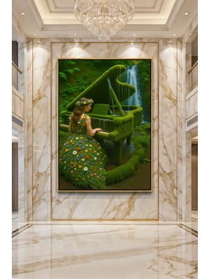 Wallivo Doğa ve Müziğin Büyüsü Yosunlu Piyano ve Çiçek Elbiseli Kadın Gold Metal Çerçeveli Kanvas Tablo