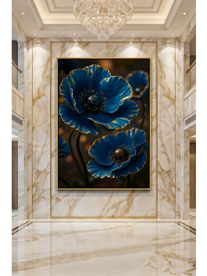 Wallivo Altın Varaklı Mavi Gelincikler Lüks Dekoratif Botanik Sanatı Siyah Metal Çerçeveli Kanvas Tablo