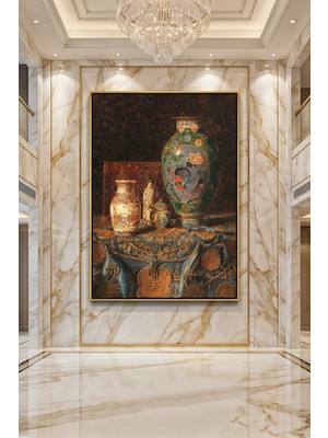 Wallivo Leon Bonvin Çin Vazoları ve Figürlü Natürmort Siyah Metal Çerçeveli Kanvas Tablo