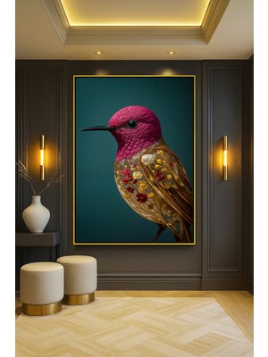 Wallivo Çiçek Desenleriyle Sinekkuşu Gold Metal Çerçeveli Kanvas Tablo