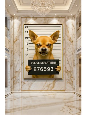 Wallivo Sabıka Fotoğrafı Çekilen Sert Bakışlı Komik Chihuahua Köpek Bronz Metal Çerçeveli Kanvas Tablo