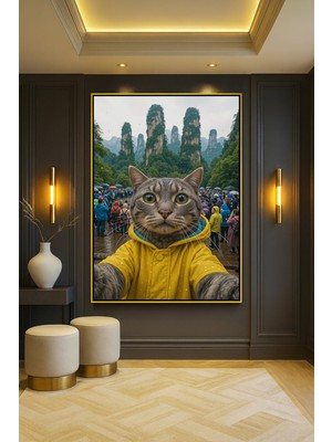 Wallivo Gezgin Kedi - Seyahate Çıkan Kedi Illüstrasyonu Gold Metal Çerçeveli Kanvas Tablo