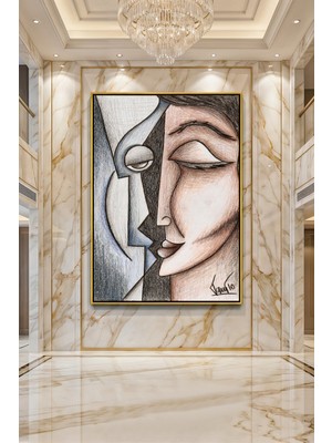 Wallivo Soyut Yüzler Modern Çizim Gümüş Metal Çerçeveli Kanvas Tablo