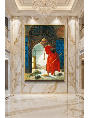 Wallivo Osman Hamdi Bey Kaplumbağa Terbiyecisi Bronz Metal Çerçeveli Kanvas Tablo