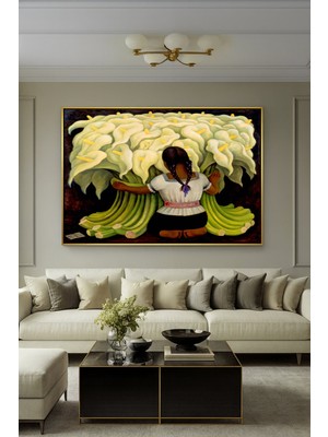 Wallivo Diego Rivera'nın Çiçek Satıcısı Kız ve Kala Çiçekleri Meksika  Siyah Metal Çerçeveli Kanvas Tablo