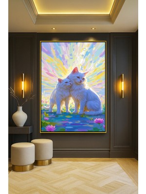 Wallivo Monet Temalı Beyaz Kediler Evcil Hayvan Temalı Gold Metal Çerçeveli Kanvas Tablo