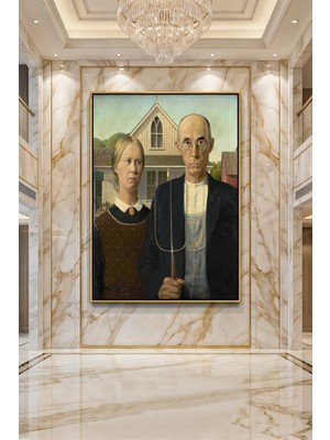 Wallivo Grant Wood American Gothic Gümüş Metal Çerçeveli Kanvas Tablo