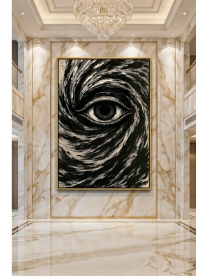 Wallivo Fırtınanın Gözü Girdap Içindeki Soyut Göz Figürlü Monokrom Siyah Metal Çerçeveli Kanvas Tablo