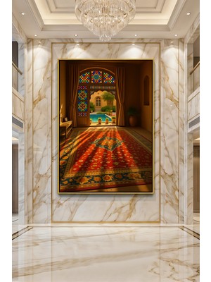 Wallivo Vitray Pencereli Saray Odası ve Kırmızı Oryantal Halı Bronz Metal Çerçeveli Kanvas Tablo