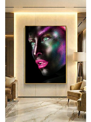 Wallivo Sola Bakan Pembe Rujlu Siyahi Kadın Siyah Metal Çerçeveli Kanvas Tablo