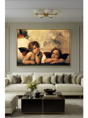 Wallivo Raffaello'nun Ikonik Eseri Sistine Madonna Melekleri Rönesans Gold Metal Çerçeveli Kanvas Tablo
