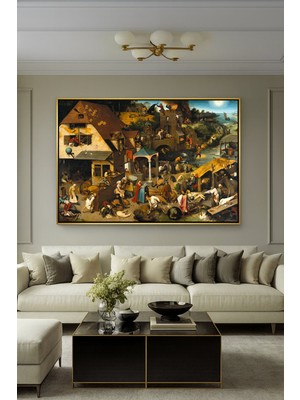 Wallivo Pieter Bruegel'in Hollanda Atasözleri Kuzey Rönesansı Gold Metal Çerçeveli Kanvas Tablo