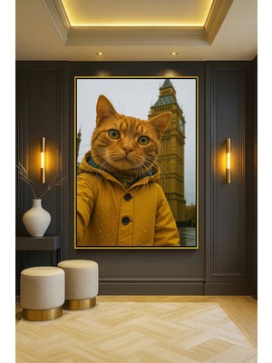 Wallivo Kedi Big Ben'i Ziyaret Ediyor - Londra Temalı Fantastik Gümüş Metal Çerçeveli Kanvas Tablo