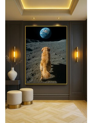Wallivo Köpek, Ay ve Dünya - Uzaydaki Dostumuz Temalı Siyah Metal Çerçeveli Kanvas Tablo