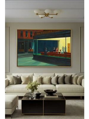 Wallivo Edward Hopper'ın Gece Kuşları (Nighthawks) Amerikan Realizmi Gümüş Metal Çerçeveli Kanvas Tablo