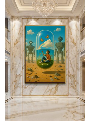 Wallivo Distopik Manzarada Doğa Kapsülü Içindeki Çocuk ve Gözcü Robotlar Bronz Metal Çerçeveli Kanvas Tablo