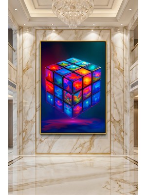 Wallivo Parlayan Dünyalar ve Canlı Manzaralar Temalı Zeka Küpü Kavramsal Gümüş Metal Çerçeveli Kanvas Tablo