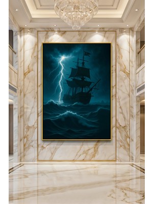 Wallivo Şimşekli Fırtınada Tarihi Yelkenli Gemi Dramatik Deniz Manzarası Gold Metal Çerçeveli Kanvas Tablo