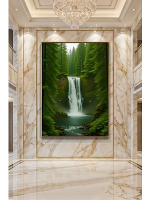 Wallivo Derin Ormanın Kalbinde Gizli Şelale Huzurlu Doğa Manzarası Gümüş Metal Çerçeveli Kanvas Tablo