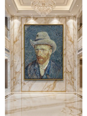 Wallivo Vincent Van Gogh Gri Keçe Şapkalı Otoportre Gold Metal Çerçeveli Kanvas Tablo