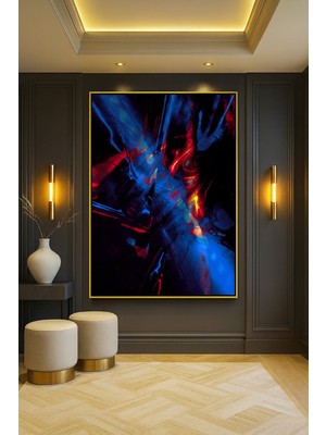 Wallivo Siyah Üzerinde Kırmızı ve Mavi Işık Çizgileriyle Enerjik Gold Metal Çerçeveli Kanvas Tablo