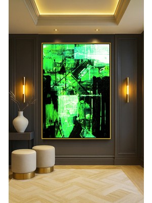 Wallivo Fütüristik Şehir Manzarası Yaratan Neon Yeşil ve Siyah Bronz Metal Çerçeveli Kanvas Tablo
