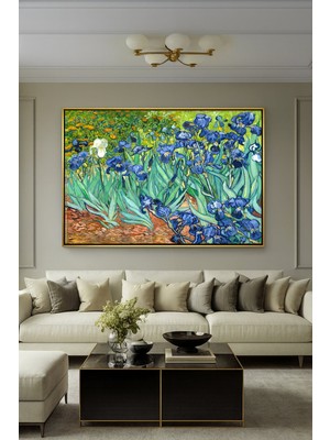 Wallivo Vincent Van Gogh Süsenler Tablosu | Post-Empresyonist Sanat Eseri Bronz Metal Çerçeveli Kanvas Tablo