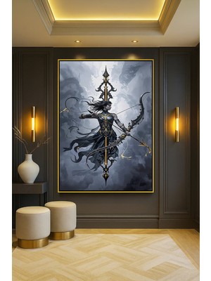 Wallivo Süslü Siyah ve Altın Zırhlı Karanlık Fantezi Okçu Siyah Metal Çerçeveli Kanvas Tablo