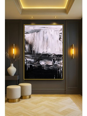 Wallivo Yoğun Dokulu Siyah Beyaz Soyut Tablo Yakın Çekim Bronz Metal Çerçeveli Kanvas Tablo