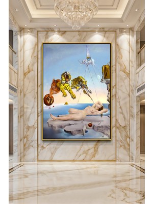 Wallivo Salvador Dali Bir Arının Uçuşu Nedeniyle Uyanan Rüya Gold Metal Çerçeveli Kanvas Tablo