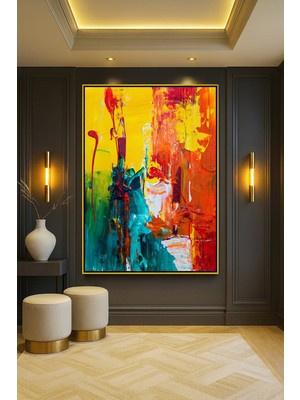 Wallivo Ağır Dokulu Sarı ve Yeşil Fırça Darbeleriyle Yakın Çekim Siyah Metal Çerçeveli Kanvas Tablo