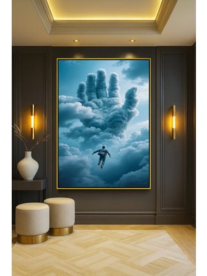 Wallivo Gökyüzünden Düşen Adama Uzanan Dev Bulut Eli Temalı Bronz Metal Çerçeveli Kanvas Tablo