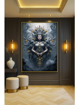 Wallivo Süslü Altın Telkari Detaylı Gümüş Zırhlı Karanlık Tanrıça Bronz Metal Çerçeveli Kanvas Tablo