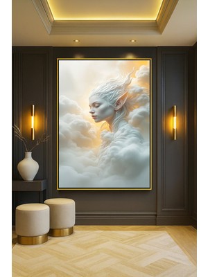 Wallivo Sivri Kulaklı Bulutlardan Oluşan Gövdeli Ruhani Hava Ruhu Gümüş Metal Çerçeveli Kanvas Tablo